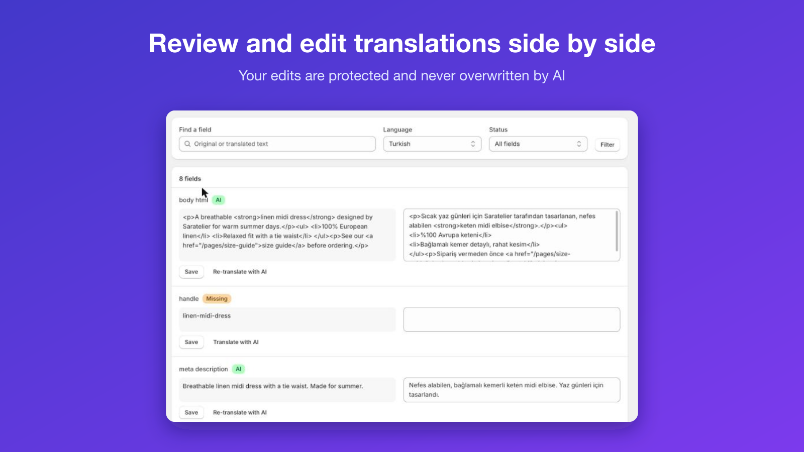 Side-by-side editor showing original and translated fields